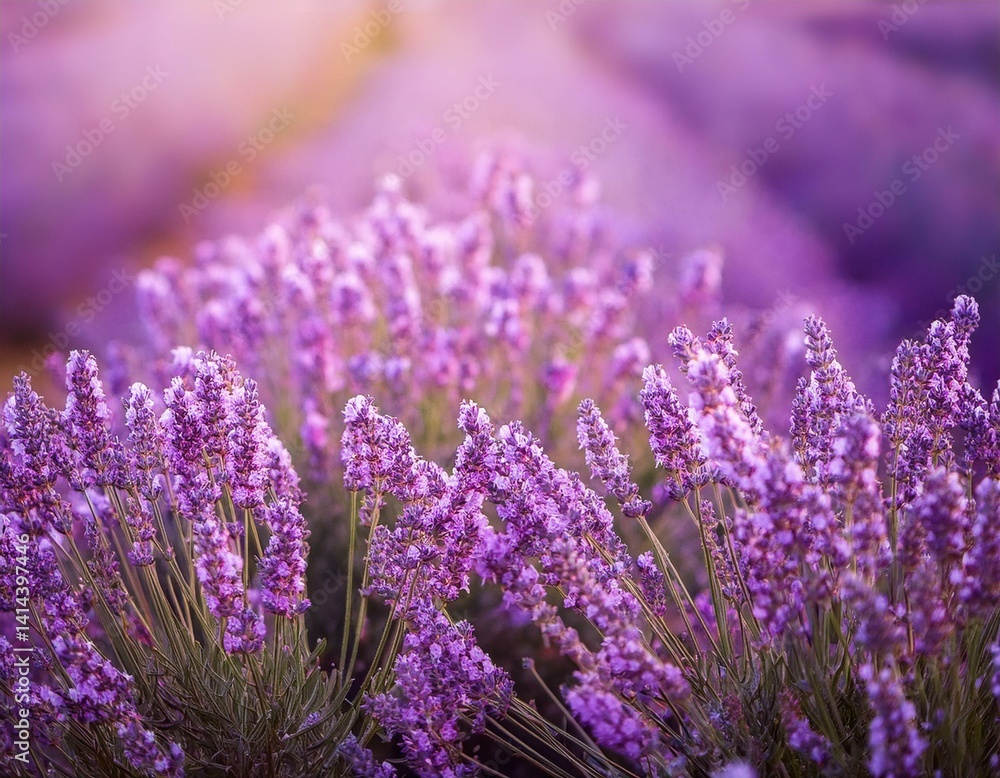 Obraz premium Blooming Lavender flowers field panoramic view for summer background, banner. Soft selective