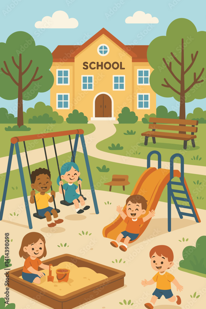 A school surrounded by trees has a playground where children are playing