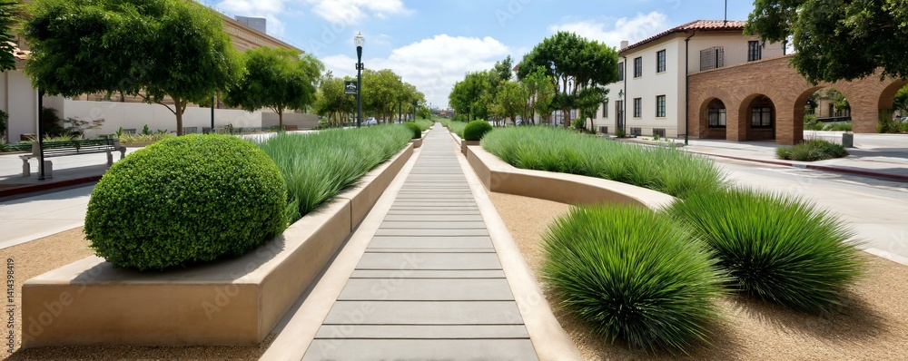 Green buffer zones around commercial buildings featuring drought-tolerant landscaping, filtered stormwater systems, and bike infrastructure