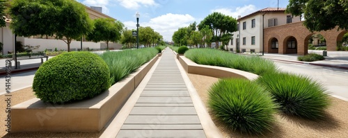Green buffer zones around commercial buildings featuring drought-tolerant landscaping, filtered stormwater systems, and bike infrastructure