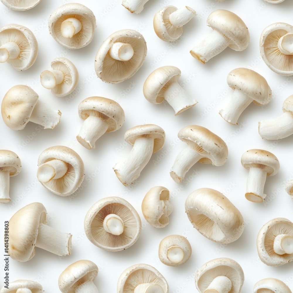 Fresh White Mushrooms Arranged on Bright Background for Culinary Use Fresh White Mushrooms Arranged on Bright Background for Culinary Use