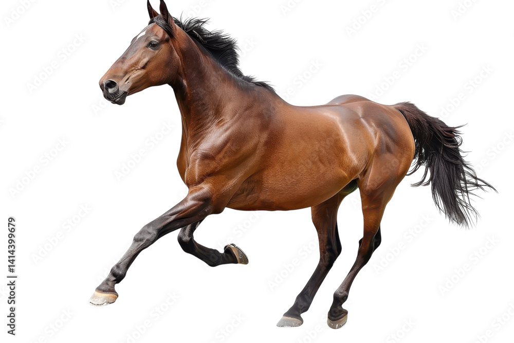 Fototapeta premium A majestic brown horse galloping gracefully across an open field during golden hour light isolated on transparent background
