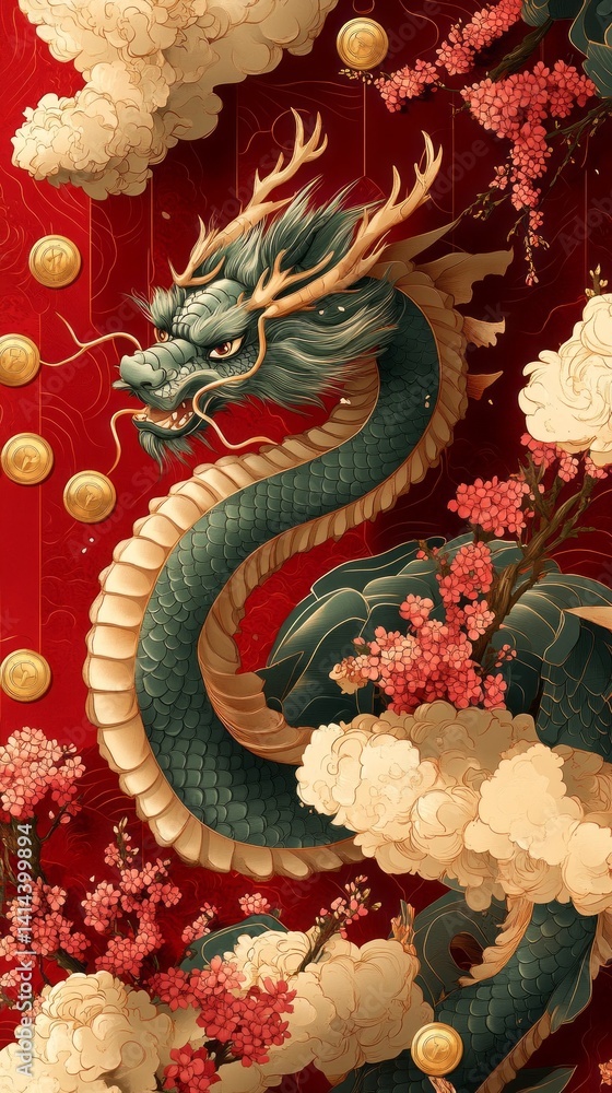 Obraz premium This vibrant illustration features a grand dragon entwined with cherry blossoms and ornate clouds, set against a rich red and gold background to celebrate Chinese New Year