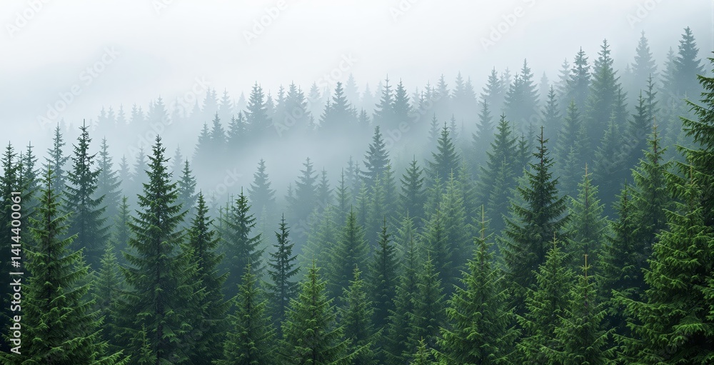 Fototapeta premium Lush green pine forest with thick mist and fog over treetops, realistic natural style on a mountain background, concept of wilderness and travel. Ai generative