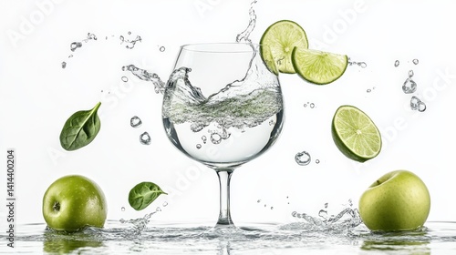 Fresh Green Apples with Water Splash and Lime in a Glass
