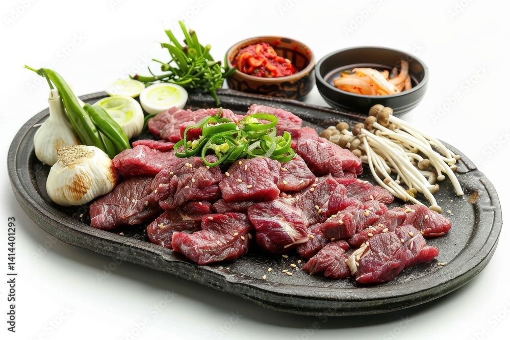 Sizzling platter of marinated beef surrounded by vibrant vegetables and spicy condiments isolated on transparent background Sizzling platter of marinated beef surrounded by vibrant vegetables and spicy condiments isolated on transparent background