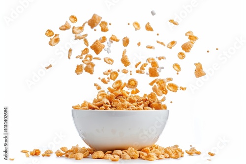 Crispy cereal flying through the air as a bowl tips over in a playful kitchen moment isolated on transparent background