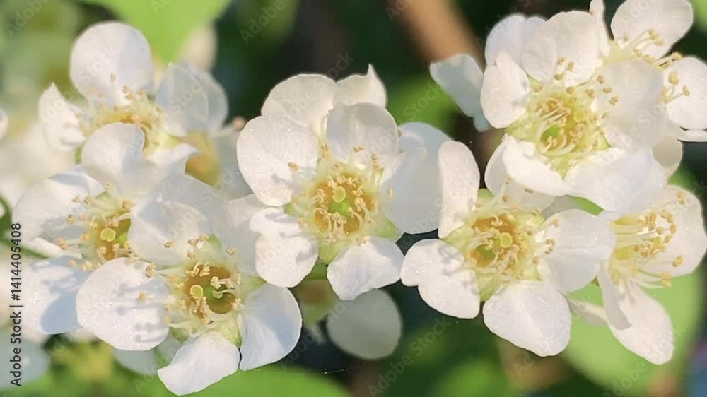Dense cluster of small white flowers with golden centers, set against lush green leaves. The flowers form a beautiful and natural arrangement, highlighting their delicate appearance Dense cluster of small white flowers with golden centers, set against lush green leaves. The flowers form a beautiful and natural arrangement, highlighting their delicate appearance
