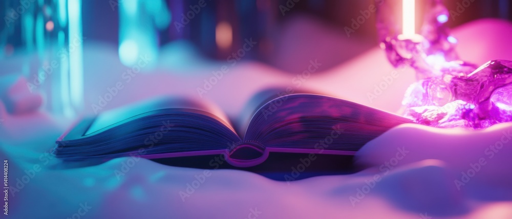Open book illuminated by neon light with crystal sculpture in a surreal indoor setting, concept of knowledge, fantasy, and imagination Open book illuminated by neon light with crystal sculpture in a surreal indoor setting, concept of knowledge, fantasy, and imagination