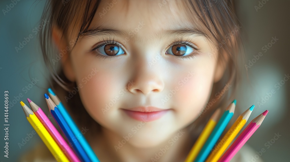 Close-up of a girl with large brown eyes, framed by vivid colored pencils and soft background blur Close-up of a girl with large brown eyes, framed by vivid colored pencils and soft background blur