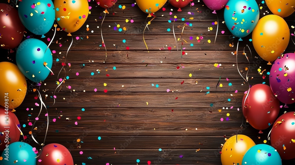 Colorful Balloons and Confetti on Wood Background, Party, Celebration