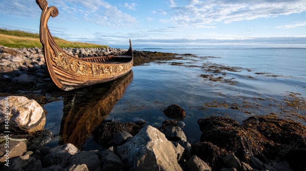 Obraz premium Ornate Viking Longboat on Shoreline, Calm Water, Coastal Scenery