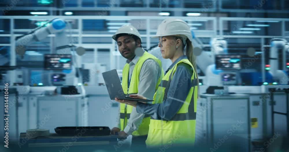 Two Engineers in High Visibility Vests, Indian Male and a Caucasian Female, Walking and Using a Laptop Computer to Optimize Robotic Systems in a Modern Factory, Analyzing Productivity and Automation Two Engineers in High Visibility Vests, Indian Male and a Caucasian Female, Walking and Using a Laptop Computer to Optimize Robotic Systems in a Modern Factory, Analyzing Productivity and Automation