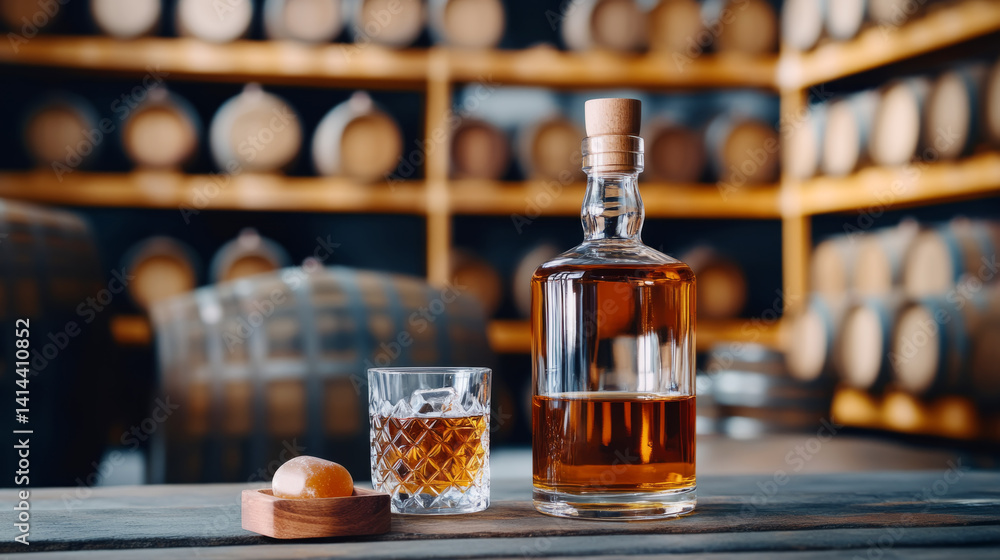 Elegant bourbon display with glass and barrel background for beverage enthusiasts Elegant bourbon display with glass and barrel background for beverage enthusiasts