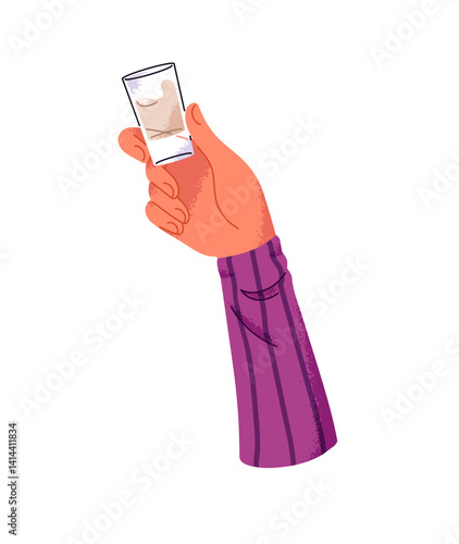 Person holds glass of alcohol drink and ups to clink. Human hand with shot of vodka raises to cheers. Cocktail, spirits, booze at the party. Flat isolated vector illustration on white background
