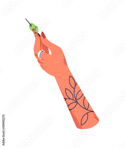 Female hand with green olives on toothpick for martini. Woman holds wooden skewer with snack for alcohol cocktail. Food for party, festival. Flat isolated vector illustration on white background
