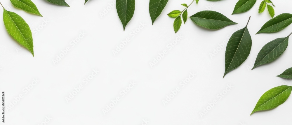 Fresh green leaves border on white background, creating a natural frame for organic product presentation or botanical design with copy space Fresh green leaves border on white background, creating a natural frame for organic product presentation or botanical design with copy space