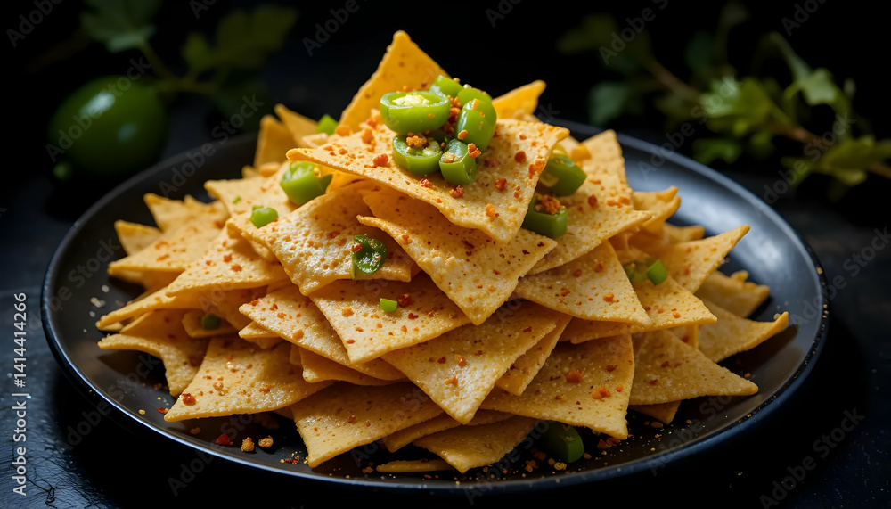 Pile of Tortilla Chips with Green Peppers on a Black Plate Pile of Tortilla Chips with Green Peppers on a Black Plate