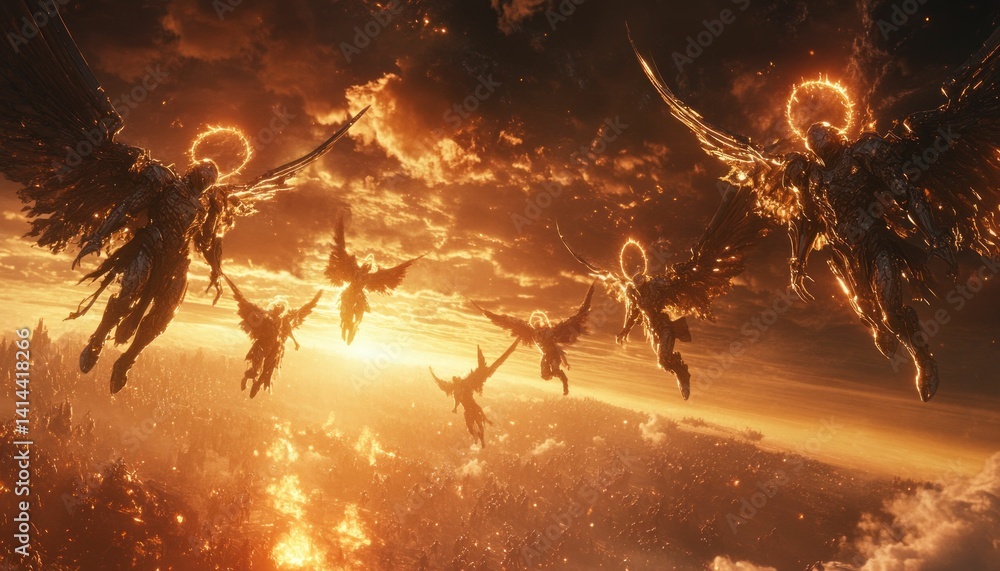 Fototapeta premium Celestial guardians ascending amidst the fiery skies and radiant golden clouds