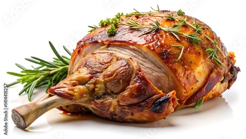a roasted leg of lamb with a golden-brown, crispy exterior on a white background