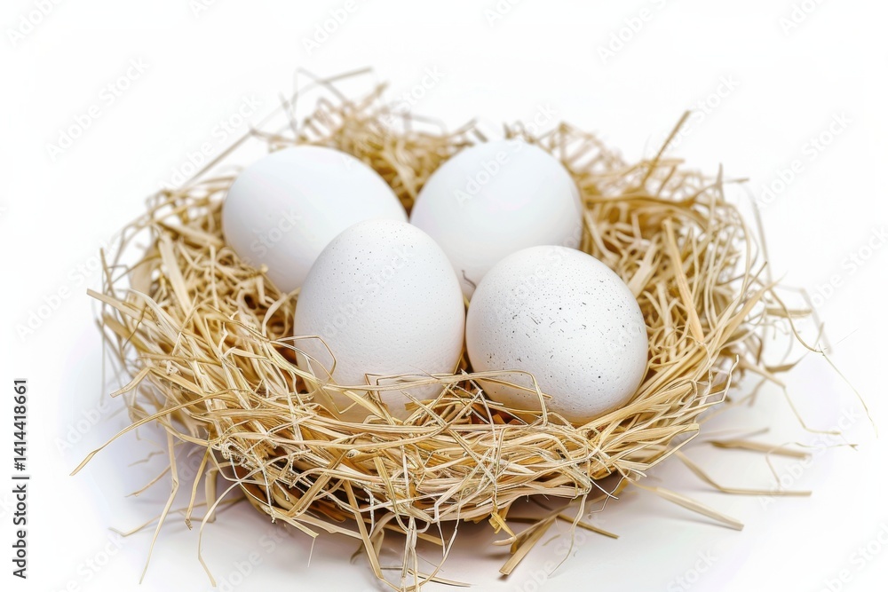 A delicate arrangement of white eggs resting in a cozy straw nest, symbolizing new beginnings A delicate arrangement of white eggs resting in a cozy straw nest, symbolizing new beginnings
