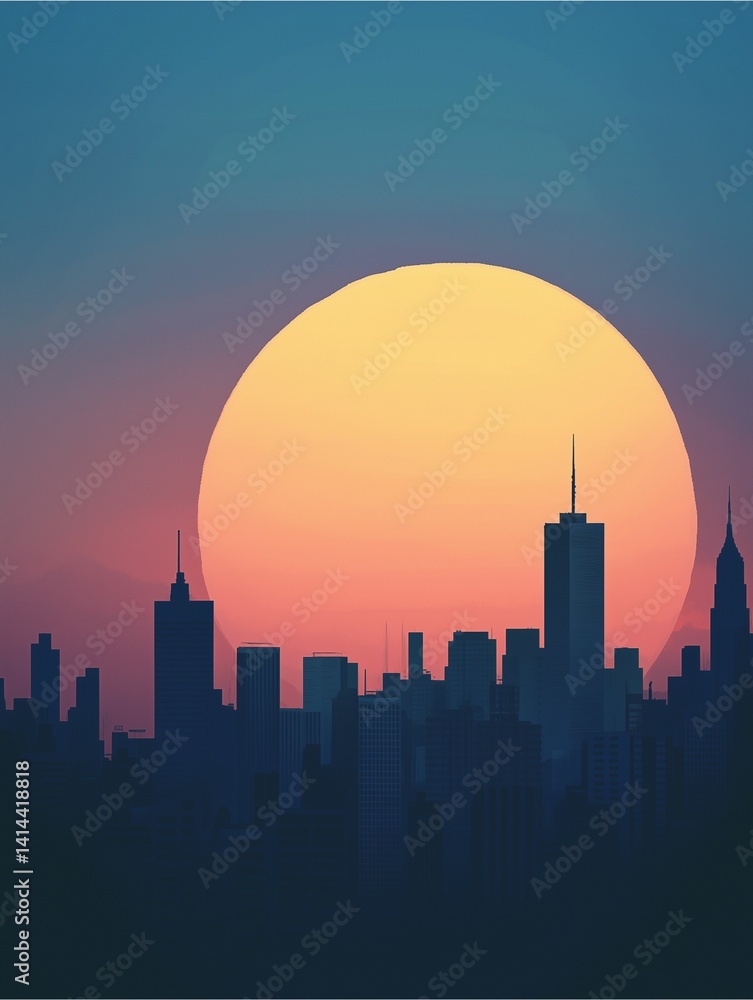 Obraz premium Urban Silhouette: Cityscape silhouette framed against a majestic sunset, creating a beautiful composition of urban and natural elements.
