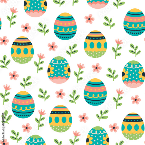 A delightful seamless pattern showcasing easter eggs adorned with stripes dots waves and other festive elements interspersed with dainty floral motifs perfect for spring time decorations and wrapping 