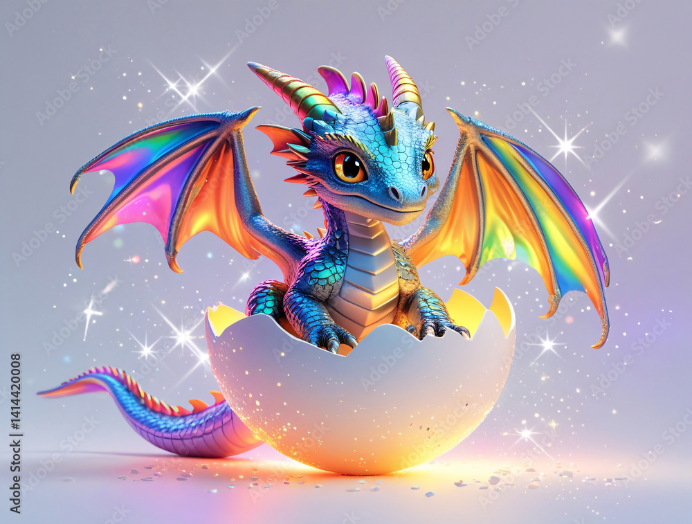 Obraz premium Iridescent rainbow baby dragon hatching from a glowing egg, sparkling magical aura, whimsical sticker design with vibrant colors, playful and dreamy vibe