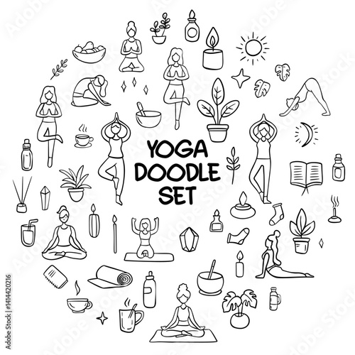 A Creative Yoga Doodle Set Showcasing Diverse Yoga Poses, Symbols, and Illustrations
