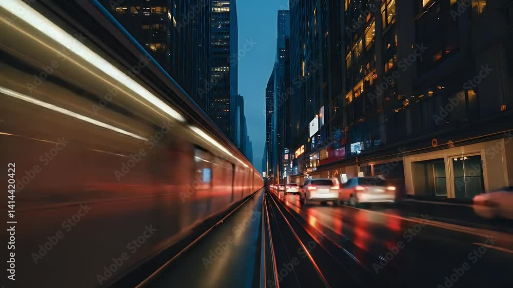 Urban transport at night. City street with moving train and cars. Busy urban scene Urban transport at night. City street with moving train and cars. Busy urban scene