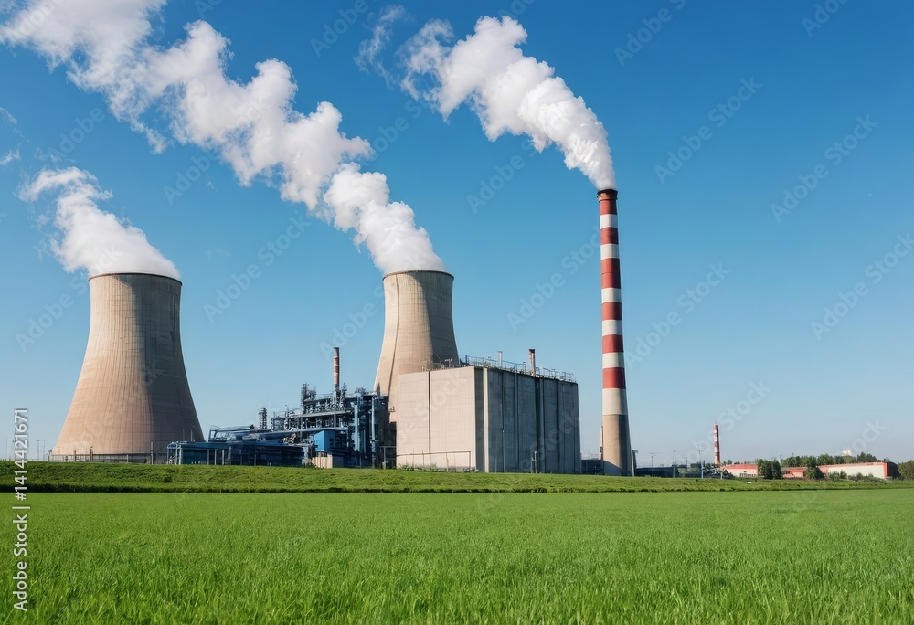 Realistic thermal power plant in green landscape, minimal composition, vivid blue and green tones, ideal for environmental or energy-related visuals Realistic thermal power plant in green landscape, minimal composition, vivid blue and green tones, ideal for environmental or energy-related visuals