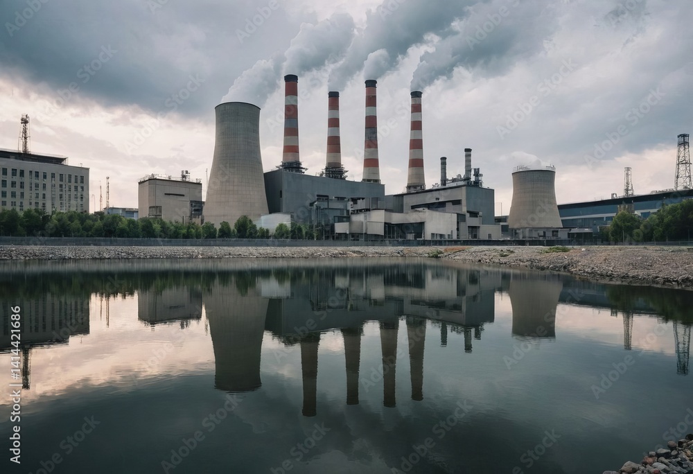 Photorealistic riverfront thermal plant, industrial style with muted tones, perfect for energy, water use, and environmental management visuals Photorealistic riverfront thermal plant, industrial style with muted tones, perfect for energy, water use, and environmental management visuals