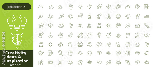 Creativity thin line icons set. Idea, creative solution and thinking, innovation icon. Editable stroke. Vector illustration