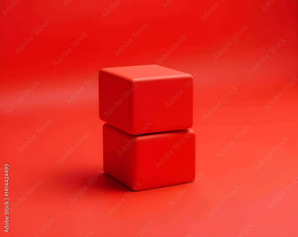 High-resolution minimalist abstract composition featuring two smooth, matte red cubes stacked vertically on a seamless red background.