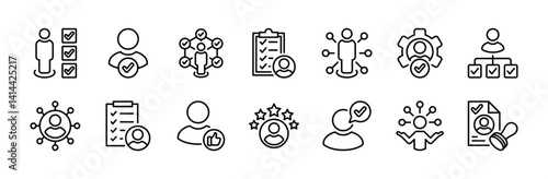 Soft skills thin line icon set. Containing ability, communication, empathy, leadership, assertiveness, personality, list, connection, work ethics, personal, creativity, certification vector
