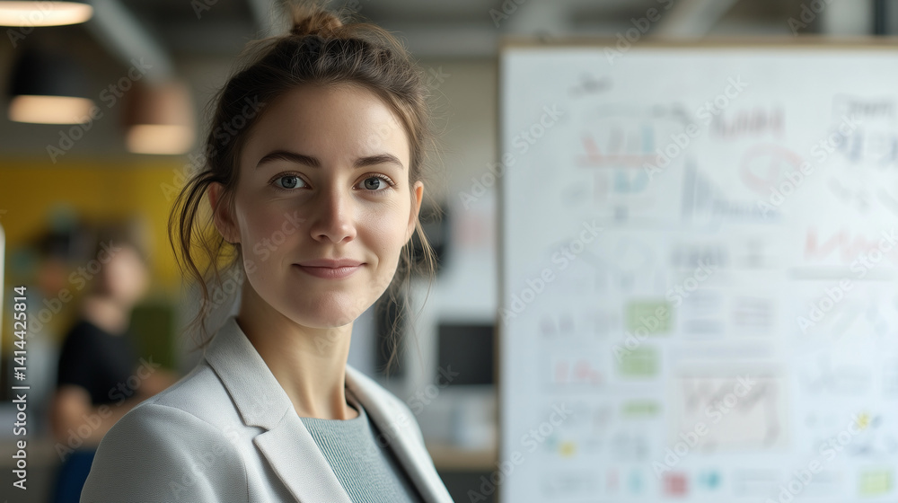 Fototapeta premium Female digital marketer standing in front of whiteboard full of digital strategy diagrams, wearing light blazer, Ai generated images