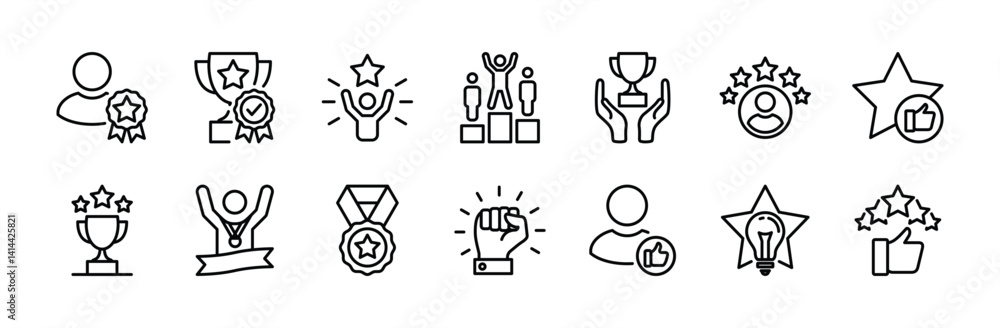 Exceptional thin line icon set. Containing winner, achievement, experience, satisfaction, performance, award, rating, trophy, medal, service, sensational, success. Vector illustration Exceptional thin line icon set. Containing winner, achievement, experience, satisfaction, performance, award, rating, trophy, medal, service, sensational, success. Vector illustration