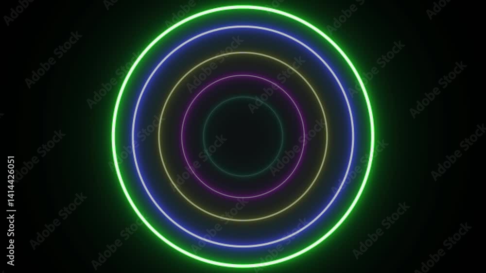 glowing neon Circle looping animation neon lines circle radio wave seamless looping animation black background. glowing neon Circle looping animation neon lines circle radio wave seamless looping animation black background.