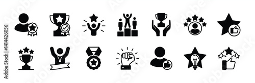 Exceptional icon vector set. Containing winner, achievement, experience, satisfaction, performance, award, rating, trophy, medal, service, sensational, success. Illustration