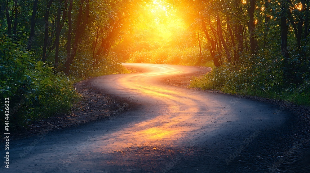 Winding road through lush forest bathed in golden sunset light Winding road through lush forest bathed in golden sunset light