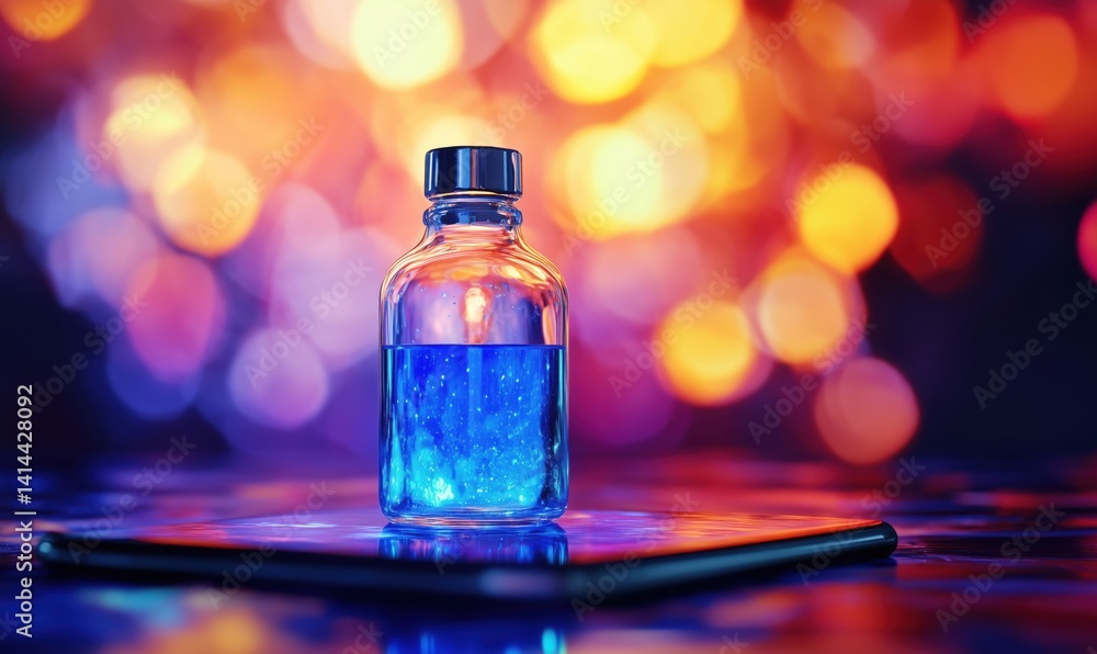 Blue liquid in glass bottle with vibrant bokeh background for creative projects Blue liquid in glass bottle with vibrant bokeh background for creative projects