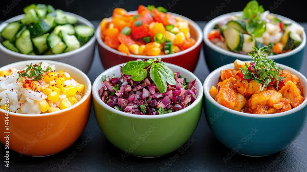 Colorful Bowls of Fresh Vegetables and Dips on a Dark Background Colorful Bowls of Fresh Vegetables and Dips on a Dark Background