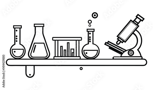 Simple Line Art Illustration of Science Lab Equipment on Shelf