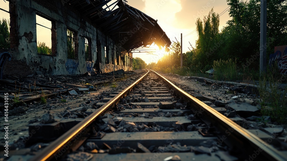 Fototapeta premium Abandoned train tracks through a sunlit, ruined station