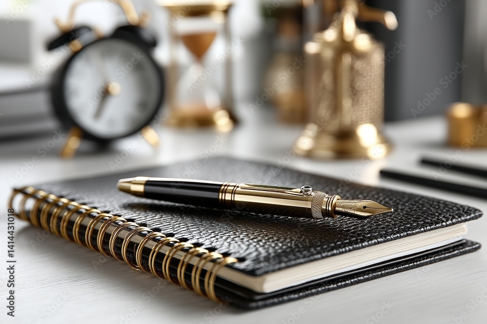 Luxury Black Leather Notebook with Gold Fountain Pen on White Desk – Flat Lay Office Stationery Composition Luxury Black Leather Notebook with Gold Fountain Pen on White Desk – Flat Lay Office Stationery Composition