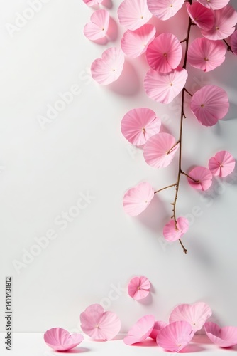 Delicate pink petals suspended on white backdrop, beauty, pastel