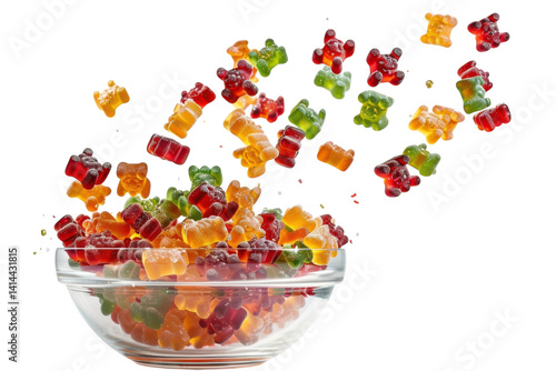Colorful gummy bears cascade dramatically from a clear bowl against a bright white backdrop
