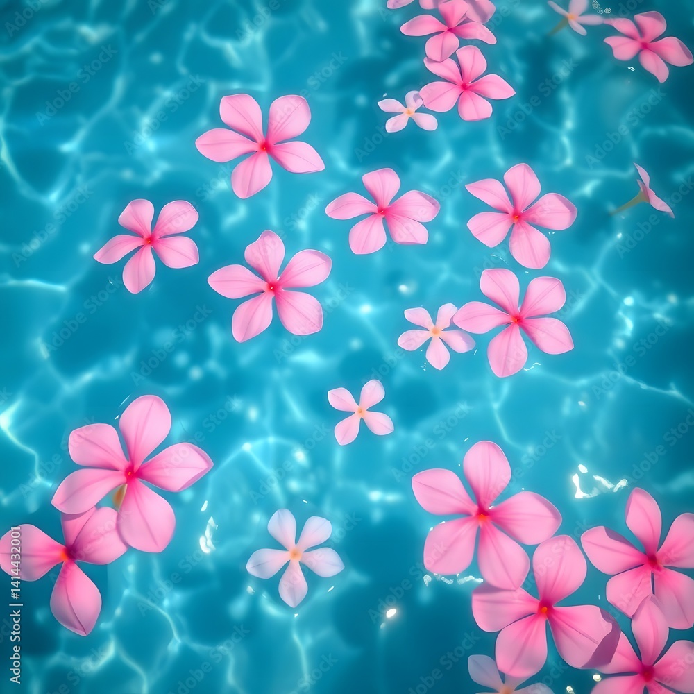 A Serene Bloom: Pink Petals Dance on a Gentle Blue Water Surface with Soft Light Reflections A Serene Bloom: Pink Petals Dance on a Gentle Blue Water Surface with Soft Light Reflections