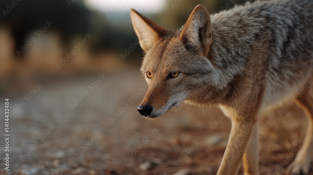 Naklejka premium A coyote prowls along a dry path, its focused eyes telling a story of survival and harmony with the wild surroundings.