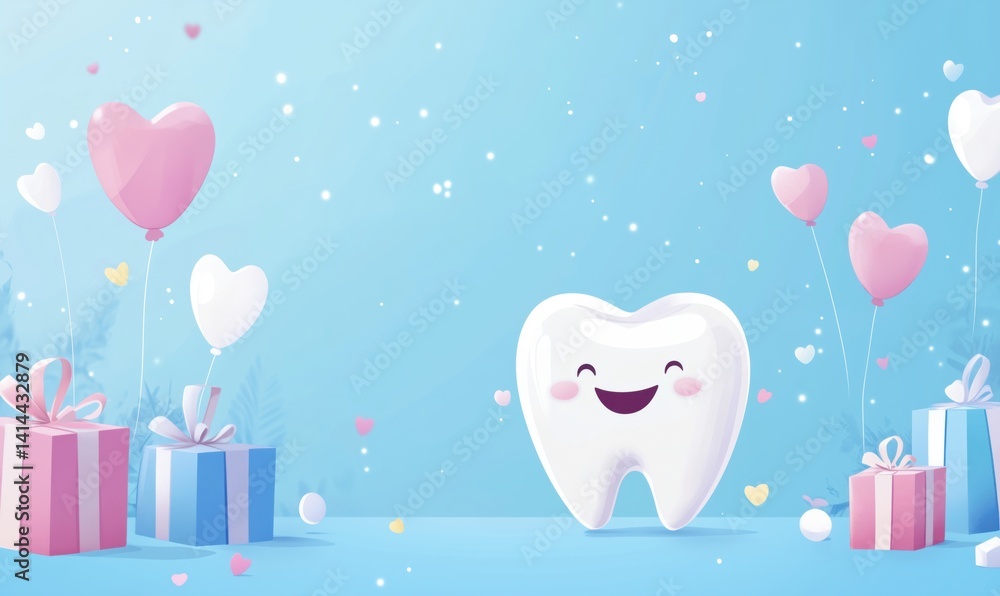 Happy cartoon tooth character surrounded by gifts and balloons in pastel colors Happy cartoon tooth character surrounded by gifts and balloons in pastel colors